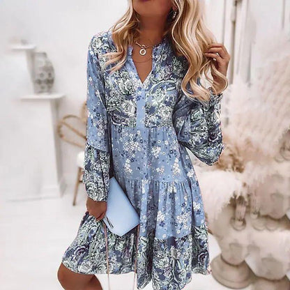 Femme Robe Midi Florale Bohème Manches Longues avec Col en V