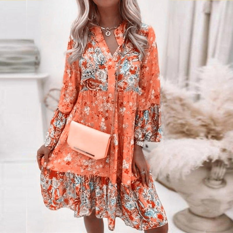 Femme Robe Midi Florale Bohème Manches Longues avec Col en V