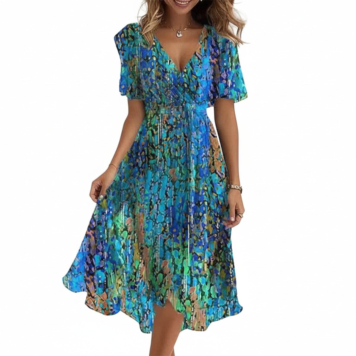 Femme Robe Midi Florale Manches Courtes avec Col en V et Ceinture à Nouer
