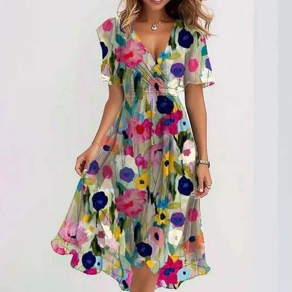 Femme Robe Midi Florale Manches Courtes avec Col en V et Ceinture à Nouer