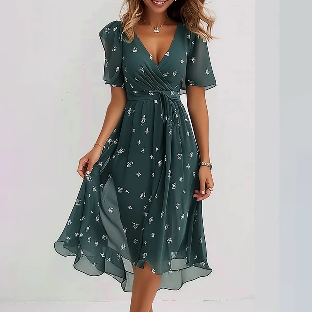 Femme Robe Midi Florale Manches Courtes avec Col en V et Ceinture à Nouer