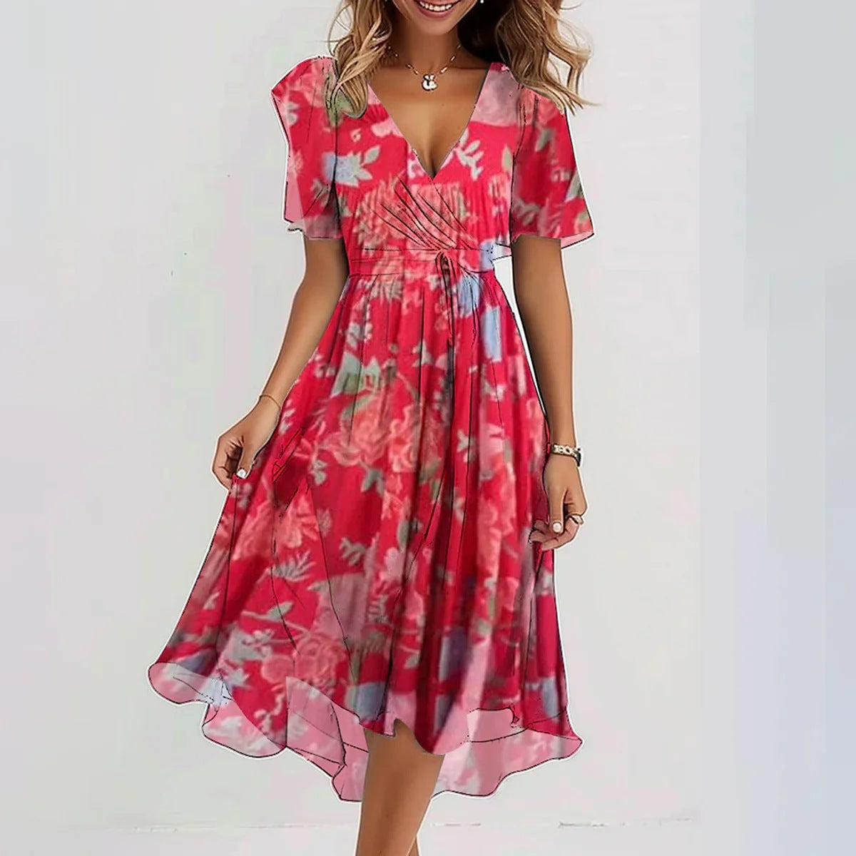 Femme Robe Midi Florale Manches Courtes avec Col en V et Ceinture à Nouer