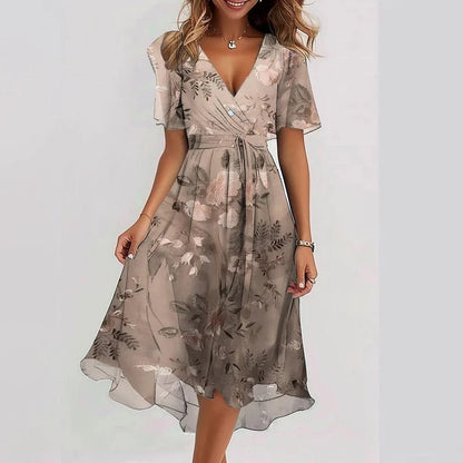 Femme Robe Midi Florale Manches Courtes avec Col en V et Ceinture à Nouer