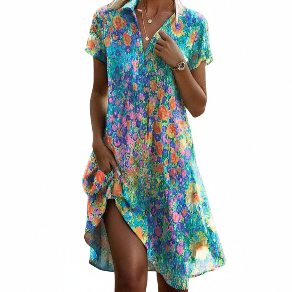 Femme Robe Midi Florale Manches Courtes avec Col en V et Ourlet Asymétrique