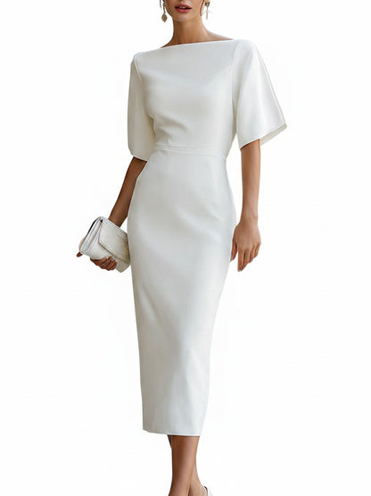 Femme Robe Midi Fourreau à Col Bateau et Manches Courtes Évasées