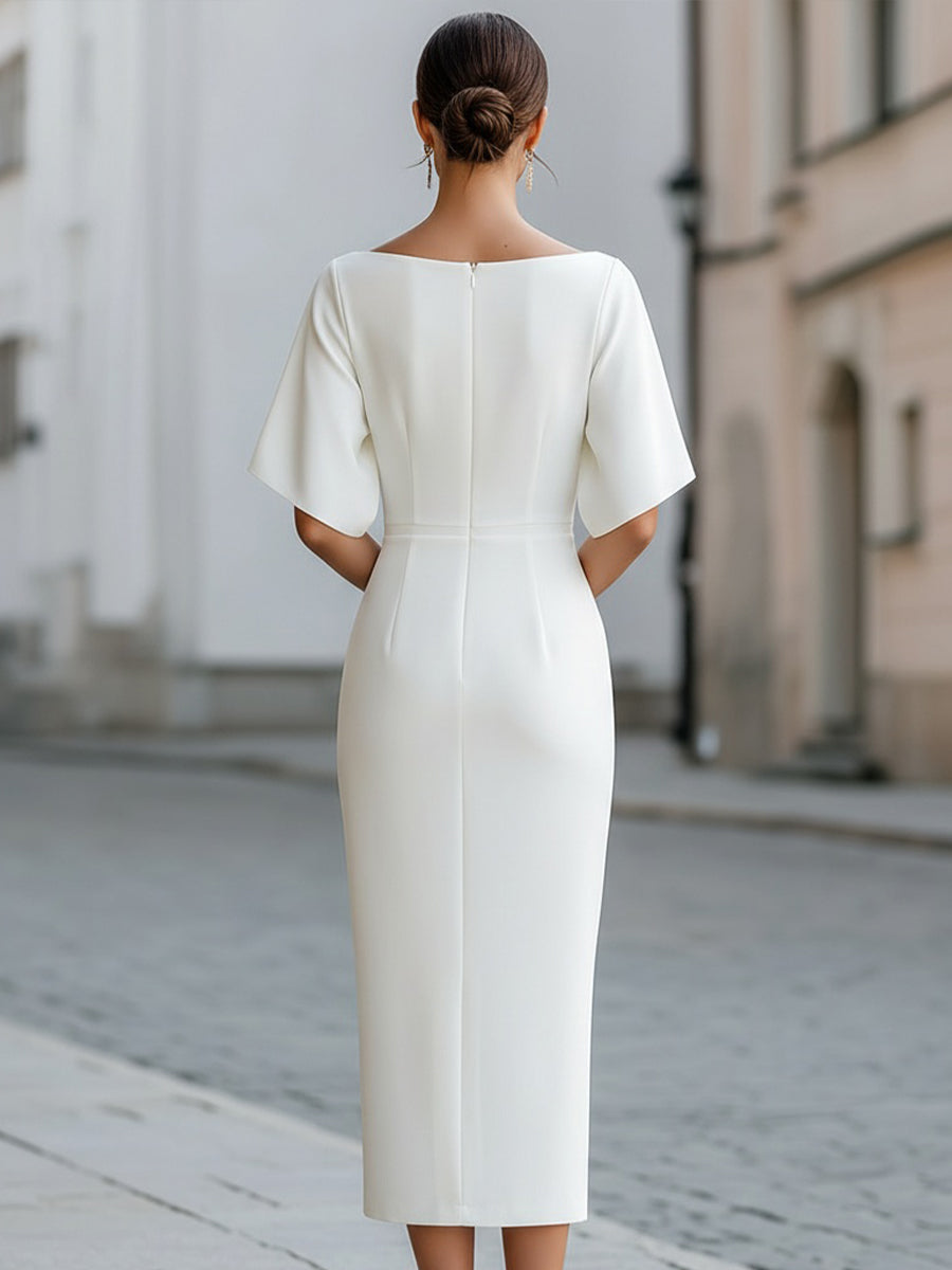 Femme Robe Midi Fourreau à Col Bateau et Manches Courtes Évasées