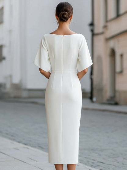 Femme Robe Midi Fourreau à Col Bateau et Manches Courtes Évasées