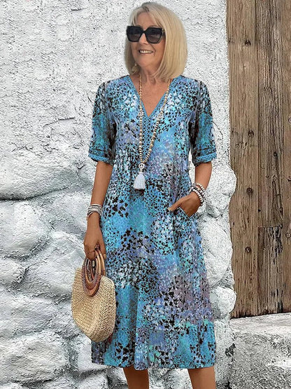 Femme Robe Midi Grande Taille à Imprimé Floral avec Col en V et Poches