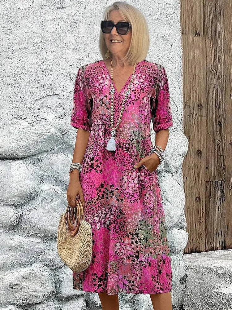 Femme Robe Midi Grande Taille à Imprimé Floral avec Col en V et Poches