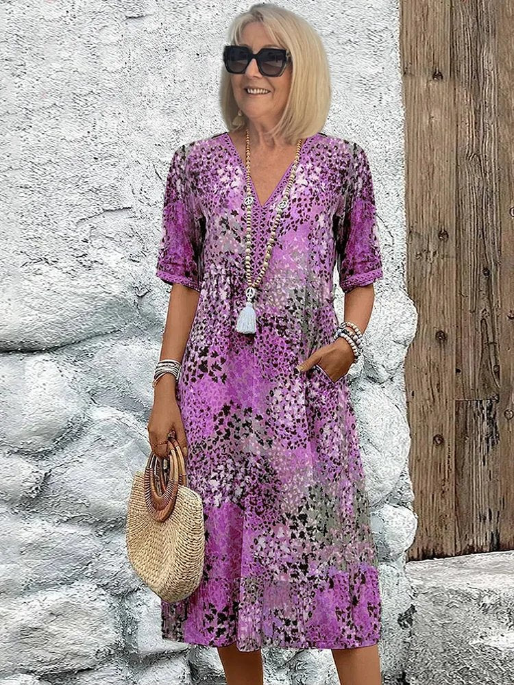 Femme Robe Midi Grande Taille à Imprimé Floral avec Col en V et Poches