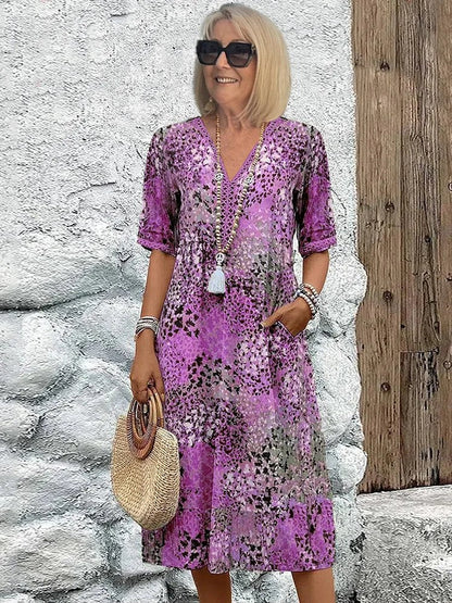 Femme Robe Midi Grande Taille à Imprimé Floral avec Col en V et Poches