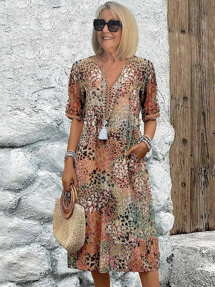 Femme Robe Midi Grande Taille à Imprimé Floral avec Col en V et Poches