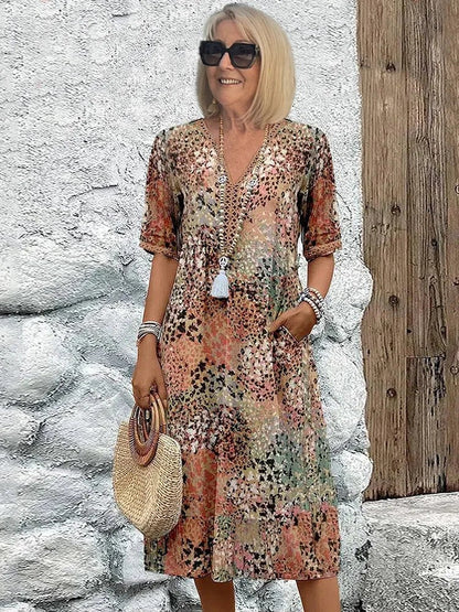 Femme Robe Midi Grande Taille à Imprimé Floral avec Col en V et Poches