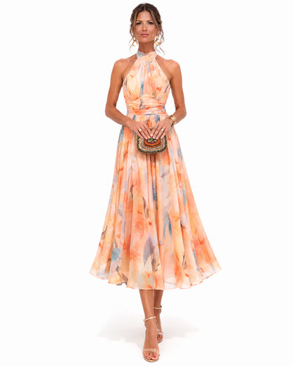 Femme Robe Midi Halter Neck sans Manches à Imprimé Floral et Dos Nu