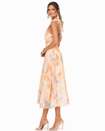 Femme Robe Midi Halter Neck sans Manches à Imprimé Floral et Dos Nu