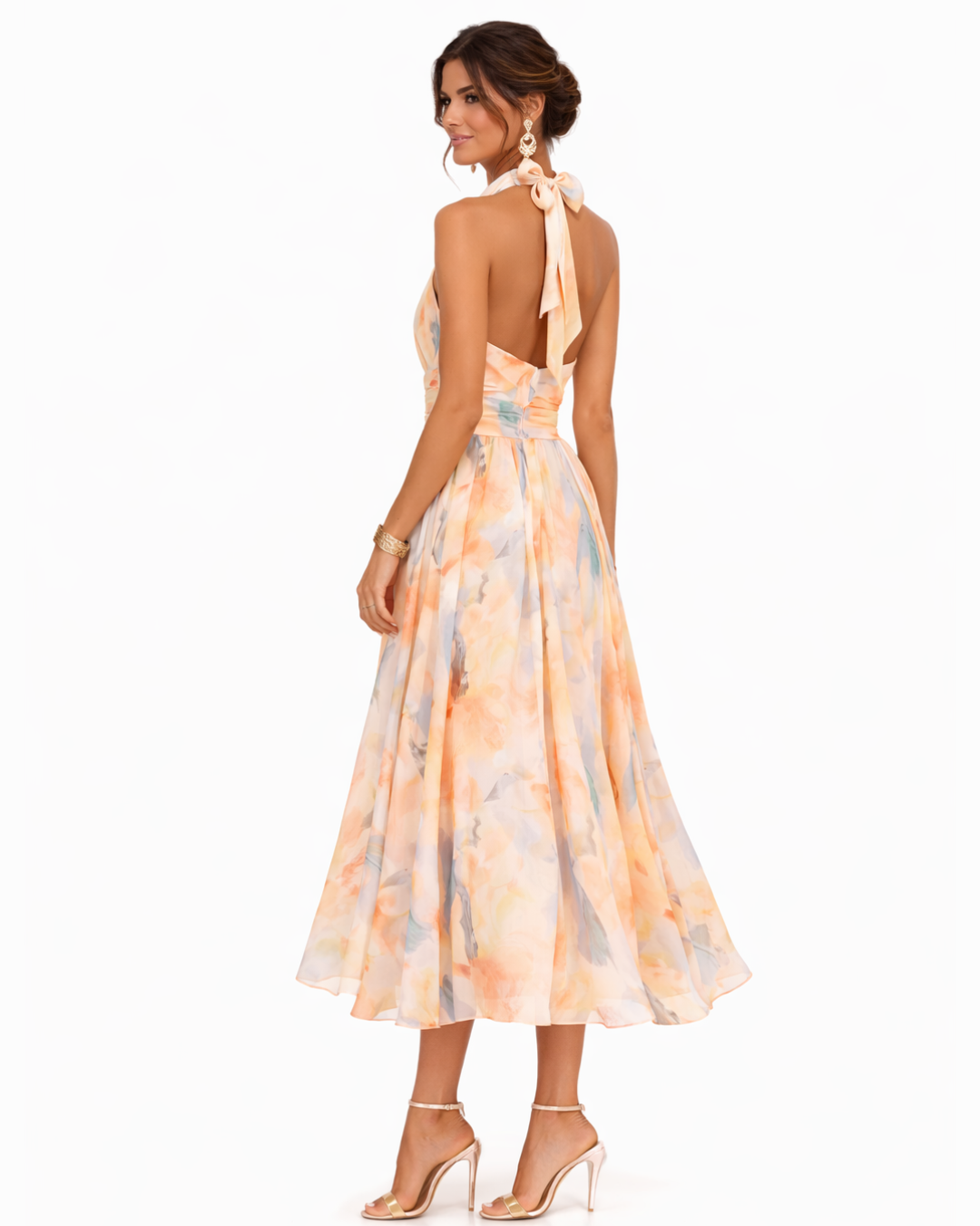 Femme Robe Midi Halter Neck sans Manches à Imprimé Floral et Dos Nu