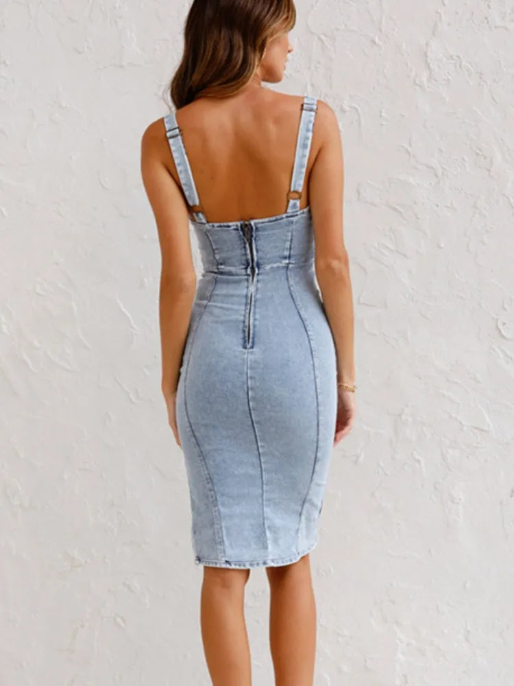 Femme Robe Midi Jean Sans Manches à Bretelles Réglables et Fente Latérale Slim Fit
