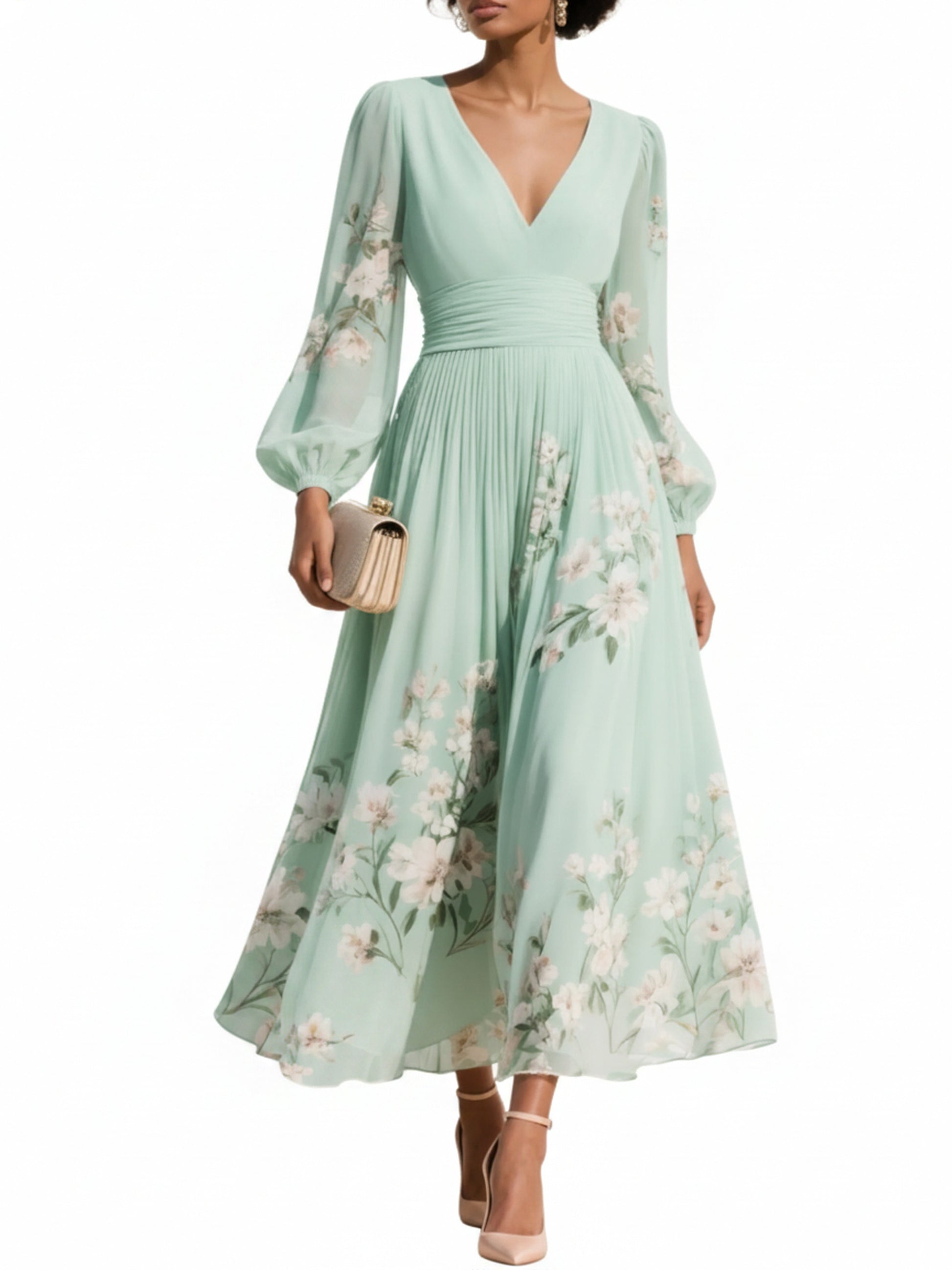 Femme Robe Midi Longue Manches Bouffantes col en V Imprimé Floral A-ligne Plissée