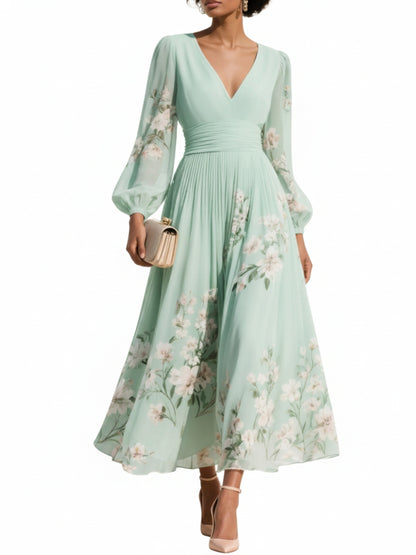 Femme Robe Midi Longue Manches Bouffantes col en V Imprimé Floral A-ligne Plissée