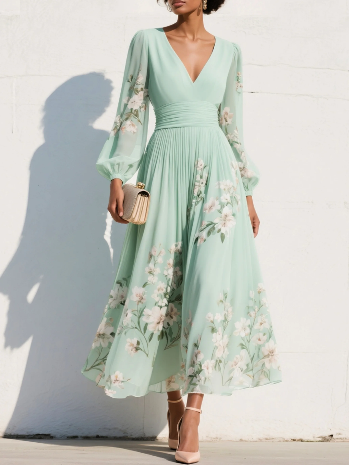 Femme Robe Midi Longue Manches Bouffantes col en V Imprimé Floral A-ligne Plissée