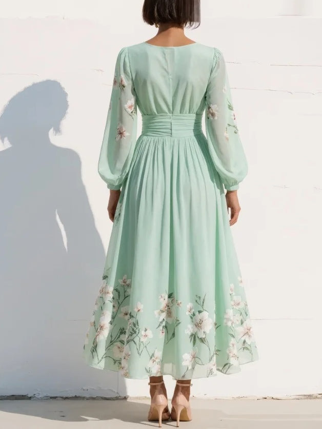 Femme Robe Midi Longue Manches Bouffantes col en V Imprimé Floral A-ligne Plissée