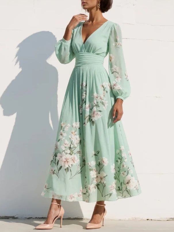 Femme Robe Midi Longue Manches Bouffantes col en V Imprimé Floral A-ligne Plissée