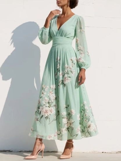 Femme Robe Midi Longue Manches Bouffantes col en V Imprimé Floral A-ligne Plissée