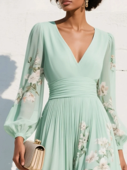 Femme Robe Midi Longue Manches Bouffantes col en V Imprimé Floral A-ligne Plissée