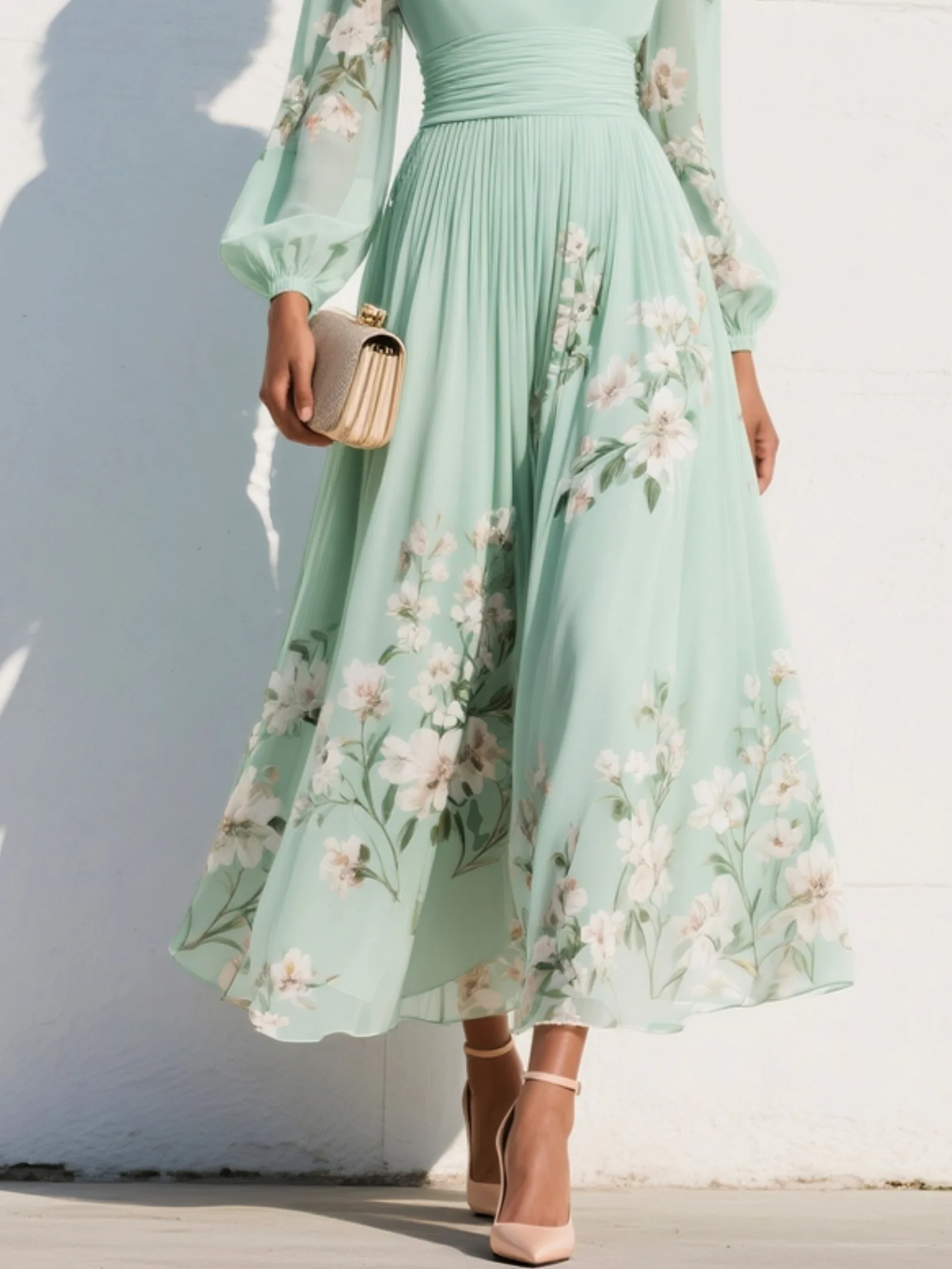 Femme Robe Midi Longue Manches Bouffantes col en V Imprimé Floral A-ligne Plissée