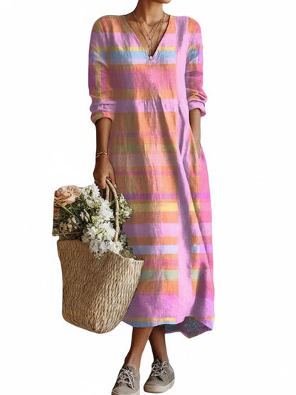 Femme Robe Midi Longue Manches Longues avec Col en V et Imprimé à Rayures