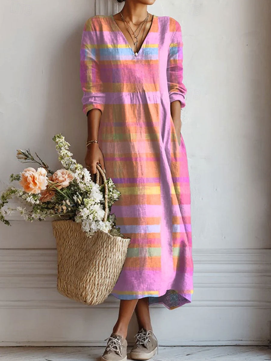 Femme Robe Midi Longue Manches Longues avec Col en V et Imprimé à Rayures