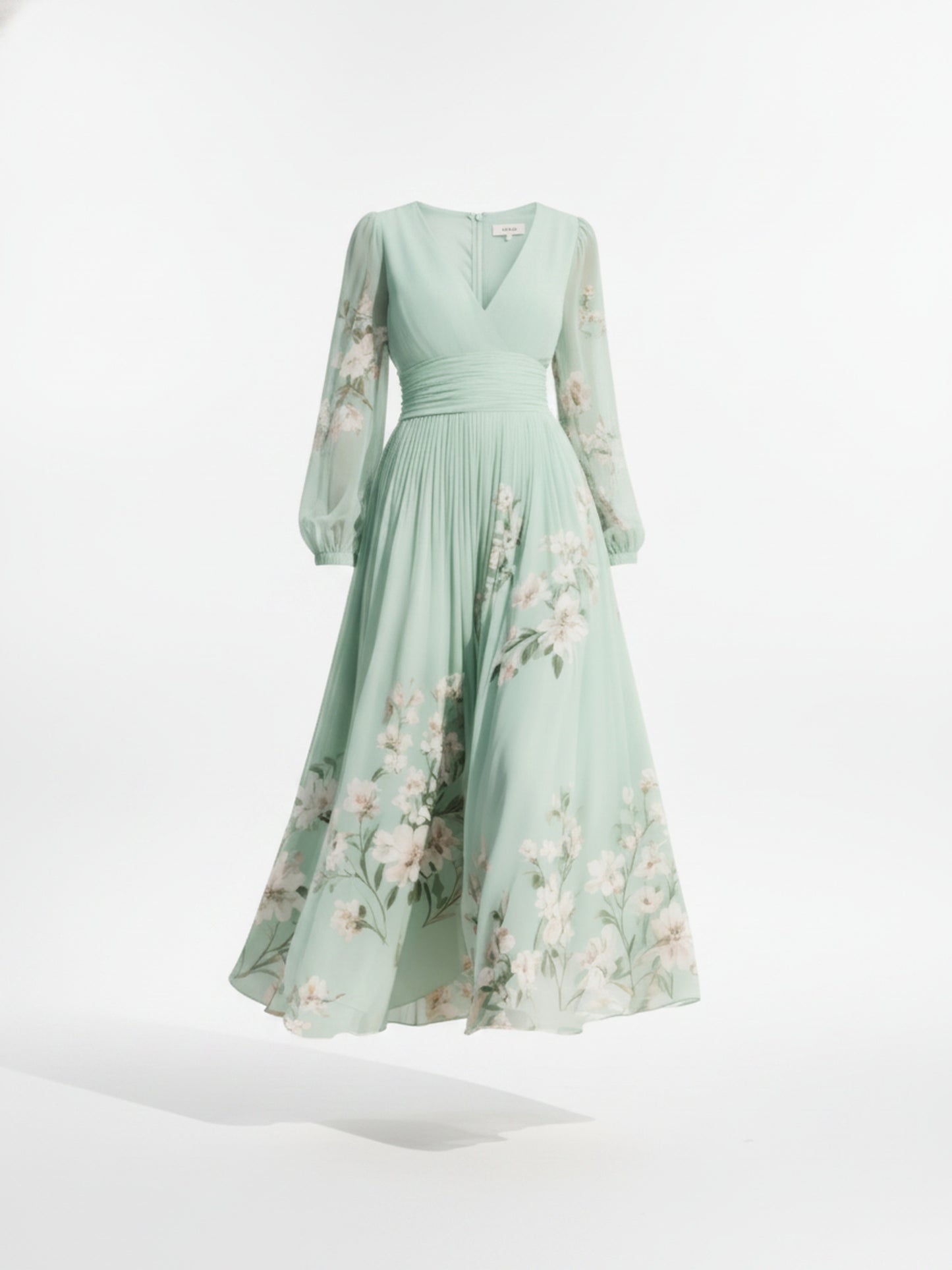 Femme Robe Midi Longues Manches Ballon avec Col en V et Imprimé Floral en A-ligne