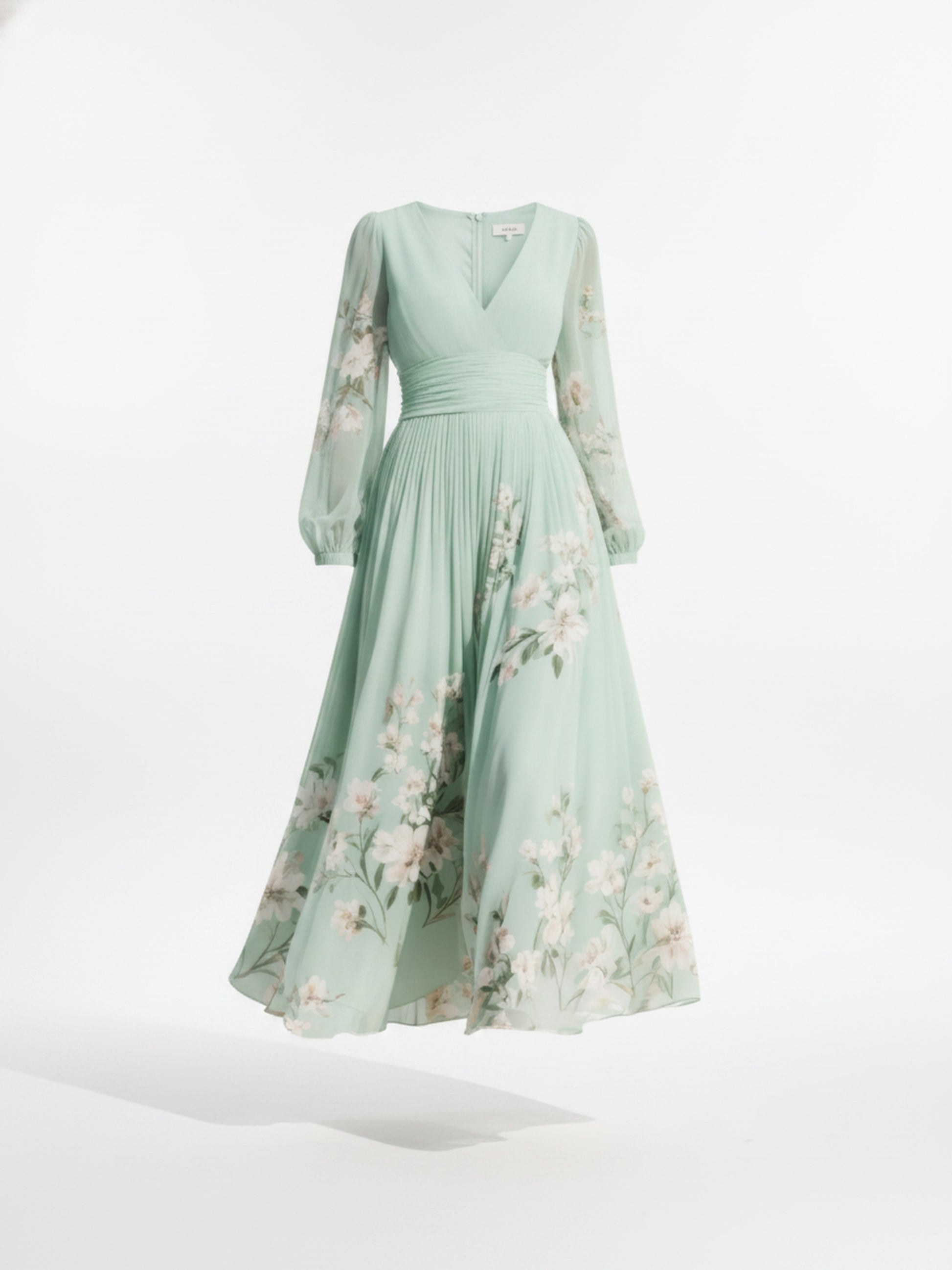 Femme Robe Midi Longues Manches Ballon avec Col en V et Imprimé Floral en A-ligne