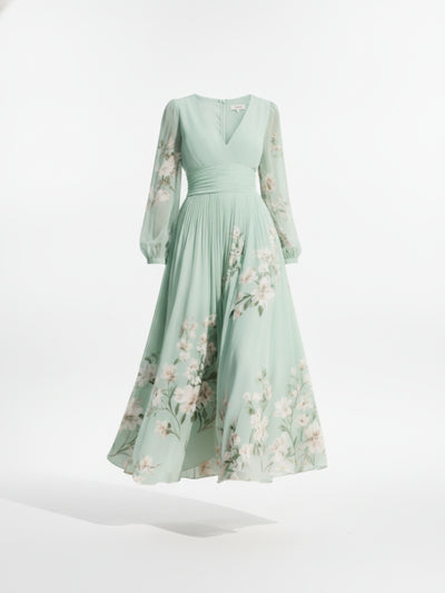 Femme Robe Midi Longues Manches Ballon avec Col en V et Imprimé Floral en A-ligne