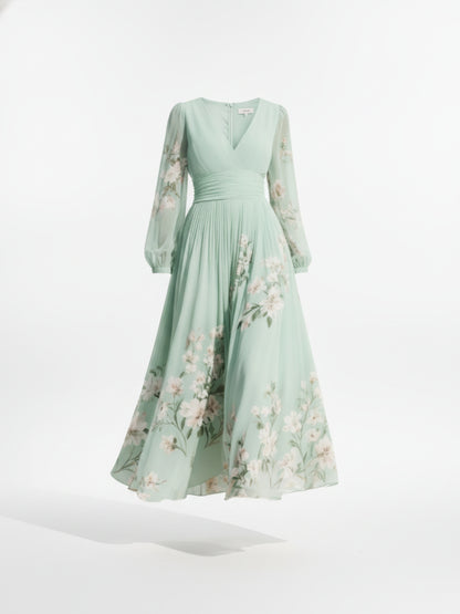 Femme Robe Midi Longues Manches Ballon avec Col en V et Imprimé Floral en A-ligne