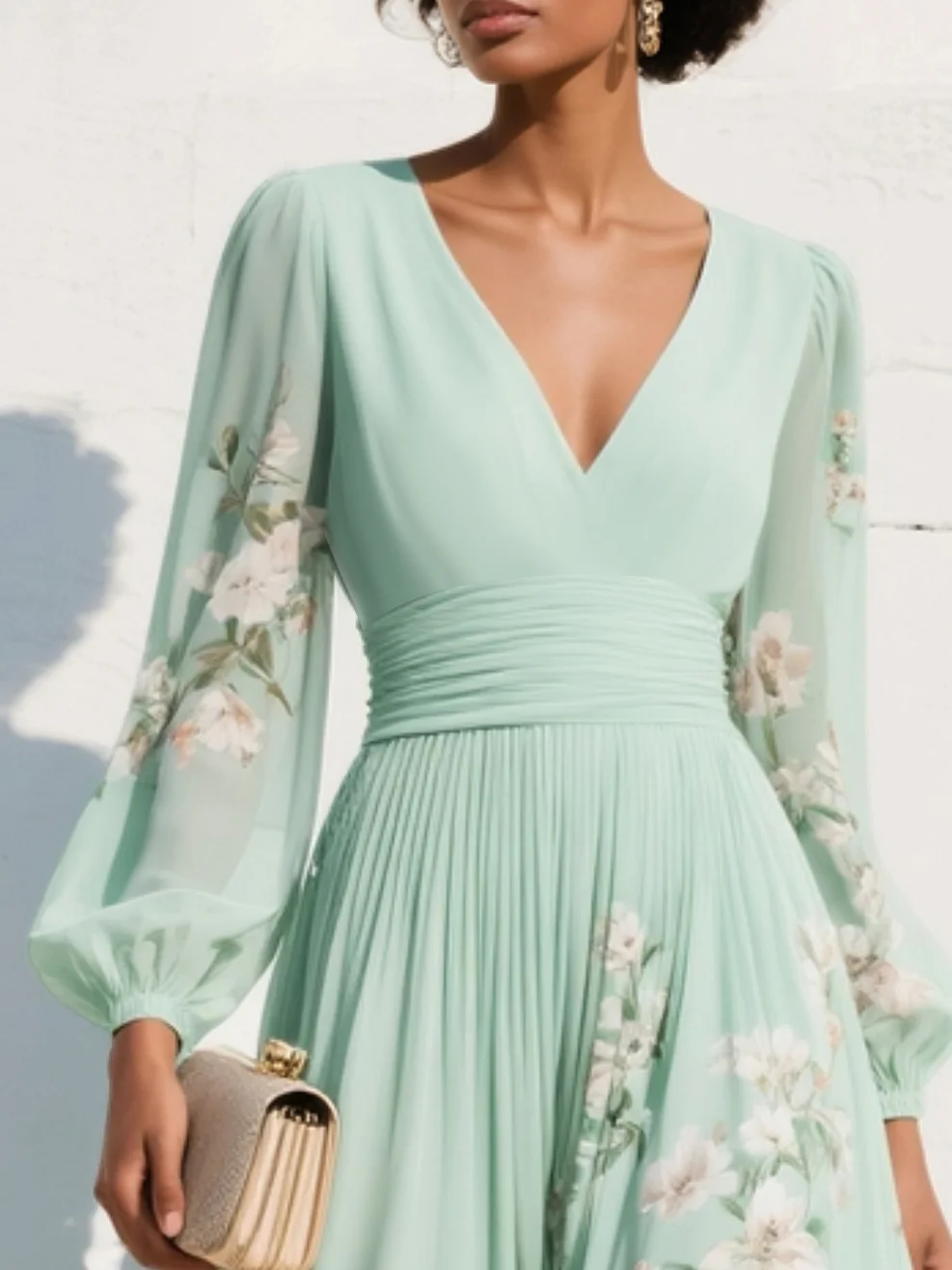 Femme Robe Midi Longues Manches Ballon avec Col en V et Imprimé Floral en A-ligne