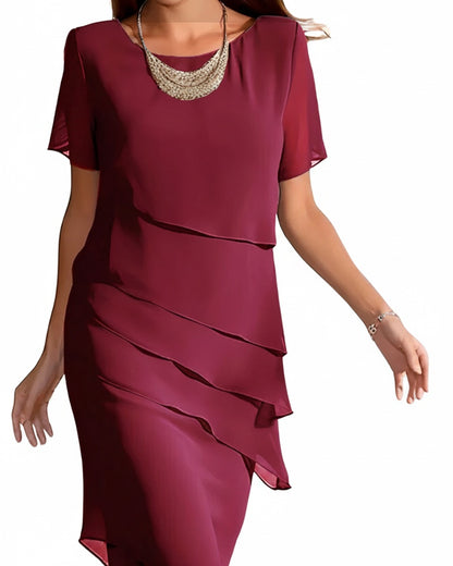 Femme Robe Midi Manches Courtes à Col Rond et Volants Asymétriques