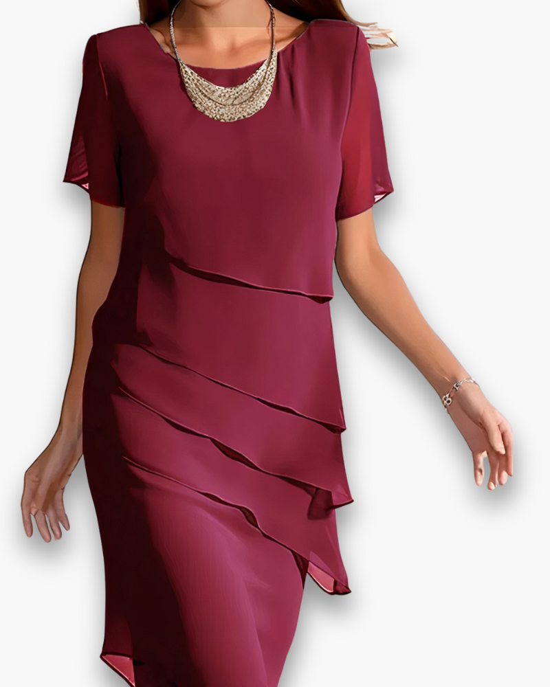 Femme Robe Midi Manches Courtes à Col Rond et Volants Asymétriques