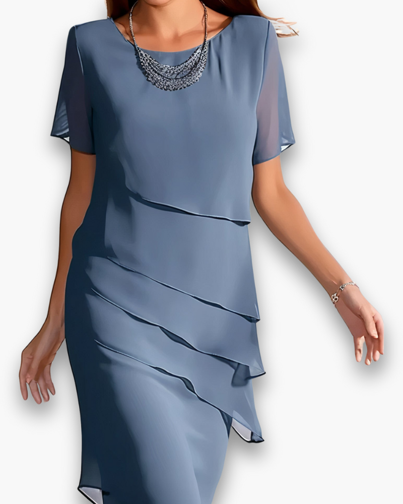 Femme Robe Midi Manches Courtes à Col Rond et Volants Asymétriques