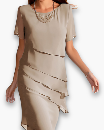 Femme Robe Midi Manches Courtes à Col Rond et Volants Asymétriques