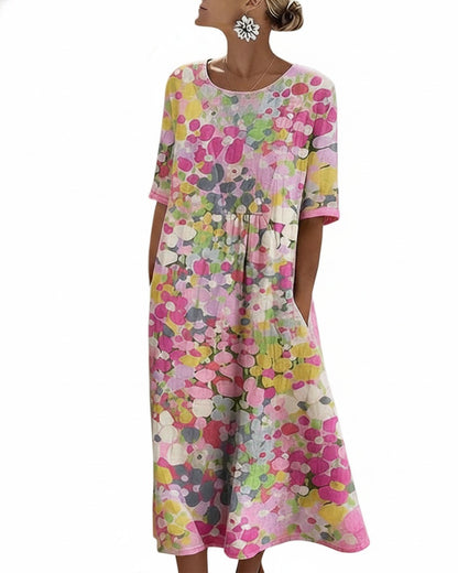 Femme Robe Midi Manches Courtes à Imprimé Fleuri et Col Rond
