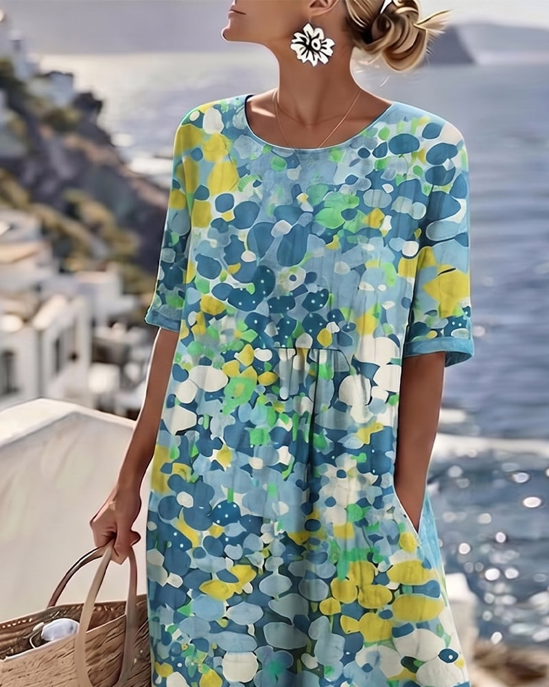 Femme Robe Midi Manches Courtes à Imprimé Fleuri et Col Rond