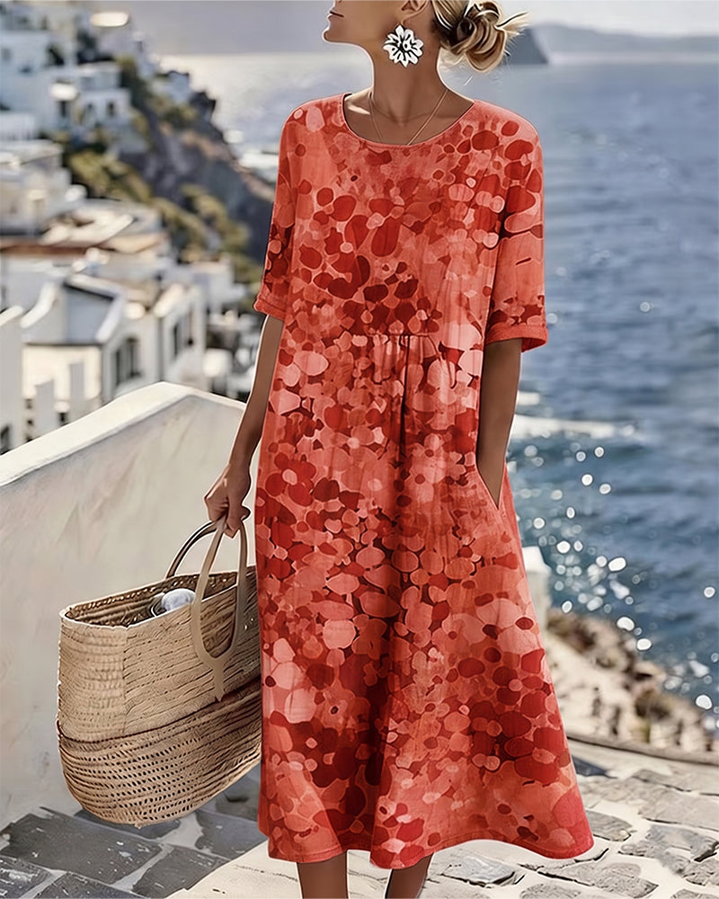Femme Robe Midi Manches Courtes à Imprimé Fleuri et Col Rond