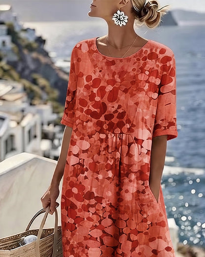 Femme Robe Midi Manches Courtes à Imprimé Fleuri et Col Rond