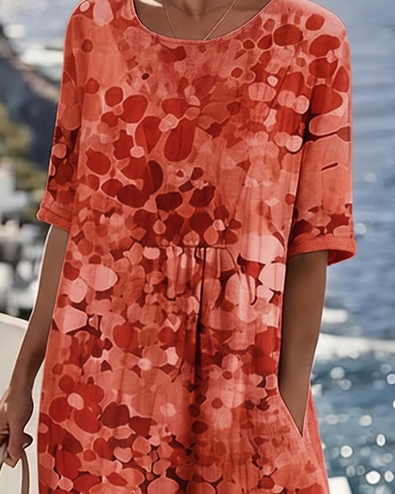 Femme Robe Midi Manches Courtes à Imprimé Fleuri et Col Rond