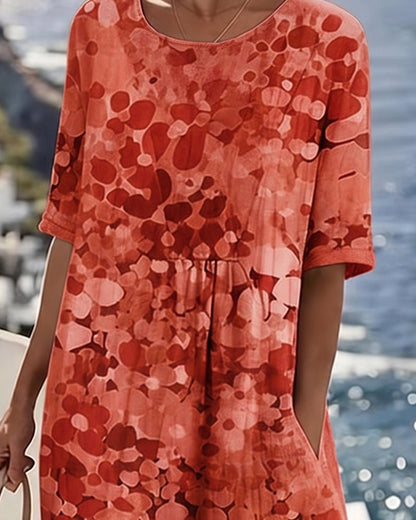 Femme Robe Midi Manches Courtes à Imprimé Fleuri et Col Rond