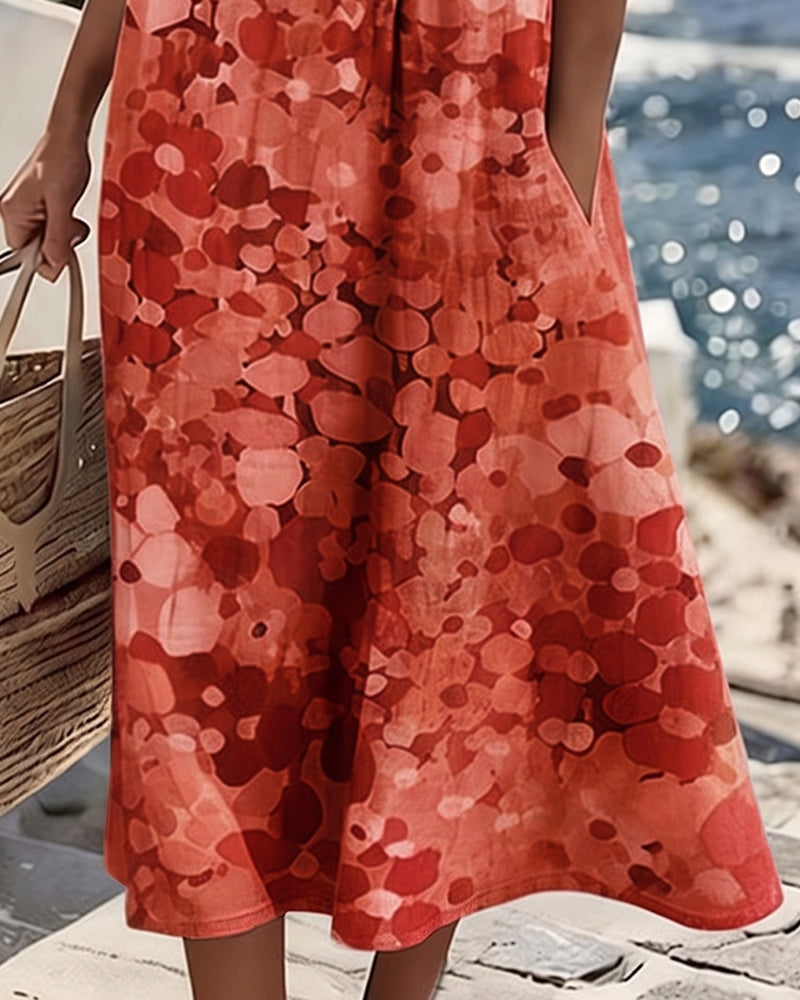 Femme Robe Midi Manches Courtes à Imprimé Fleuri et Col Rond
