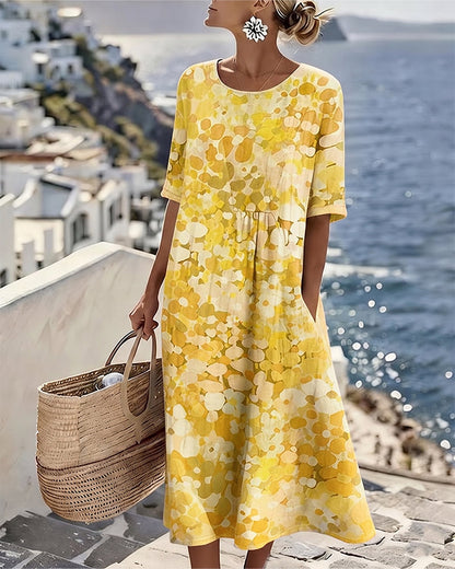 Femme Robe Midi Manches Courtes à Imprimé Fleuri et Col Rond