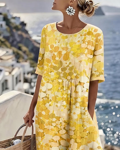 Femme Robe Midi Manches Courtes à Imprimé Fleuri et Col Rond