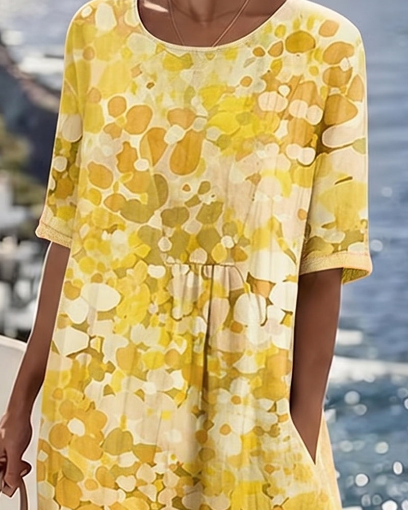 Femme Robe Midi Manches Courtes à Imprimé Fleuri et Col Rond